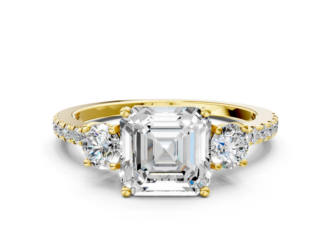 Yellow gold Three-Stone Asscher Cut Cut Diamond Pavé Band with Prong Setting_15
