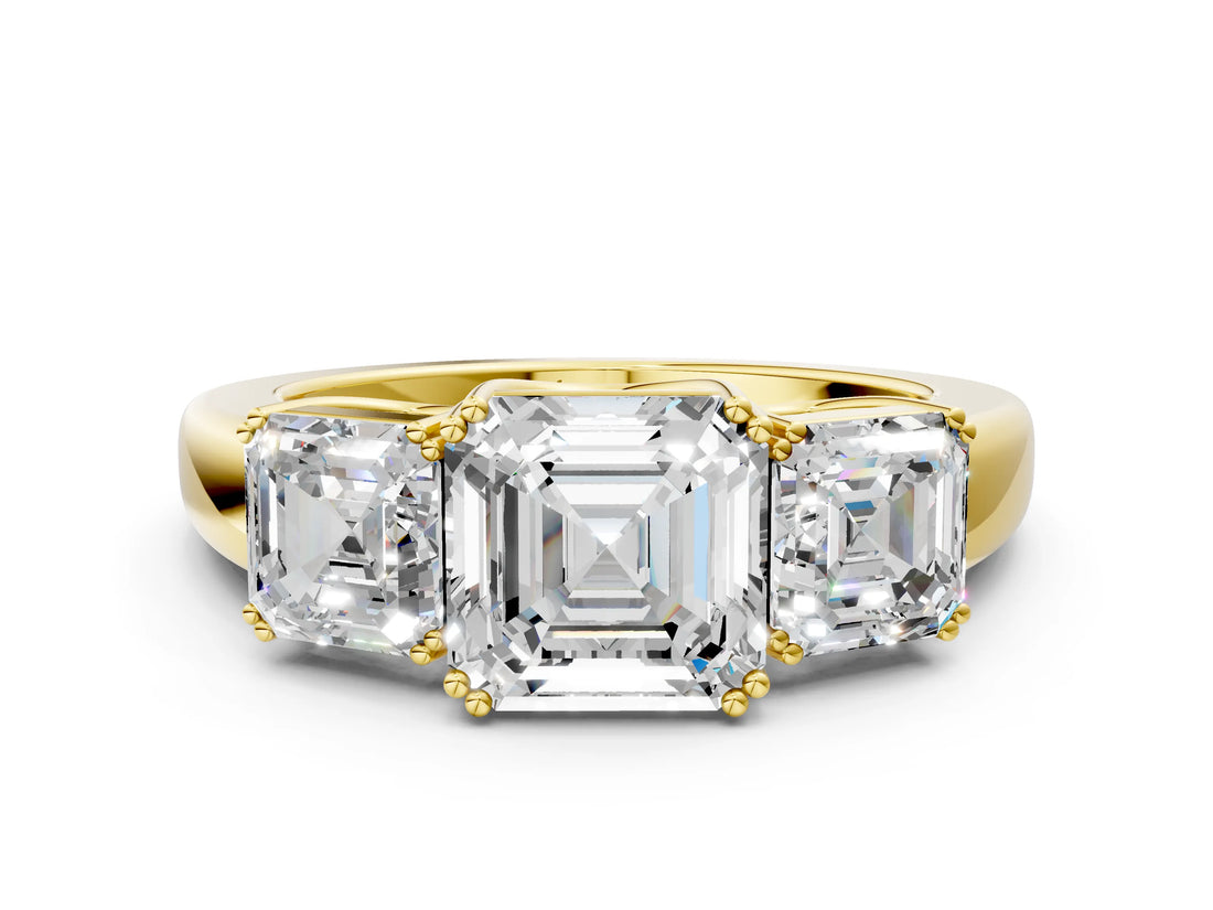 Yellow gold Three-Stone Asscher Cut Cut Diamond Ring with Channel Set Band and Four-Prong Setting_11