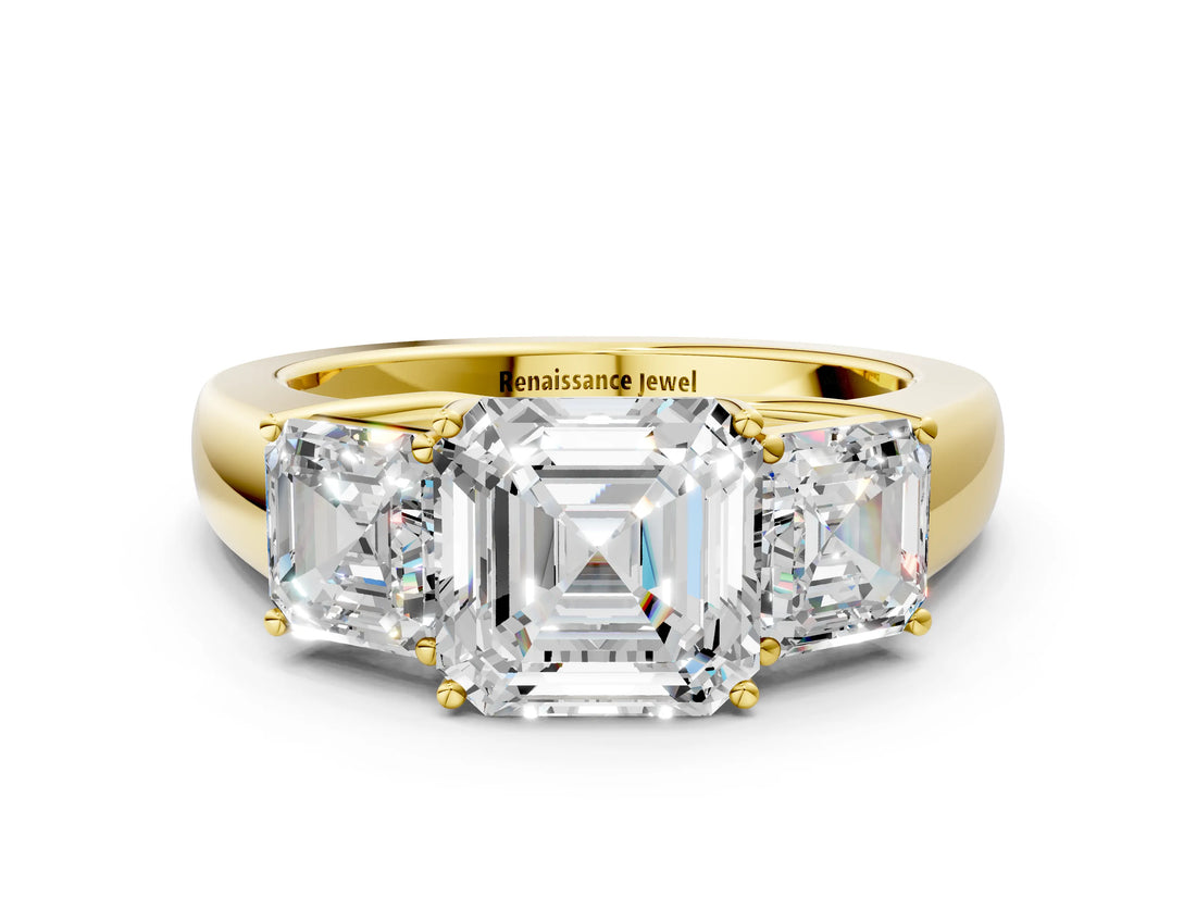 Yellow gold Three-Stone Asscher Cut Cut Diamond Ring with Prong Setting and Classic Band_3