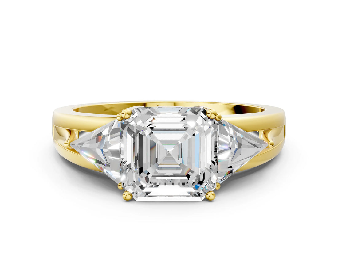 Yellow gold Three-Stone Asscher Cut Cut Diamond Ring with Trillion Side Stones on a Split Shank Band_9