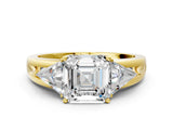 Yellow gold Three-Stone Asscher Cut Cut Diamond Ring with Trillion Side Stones on a Split Shank Band_9