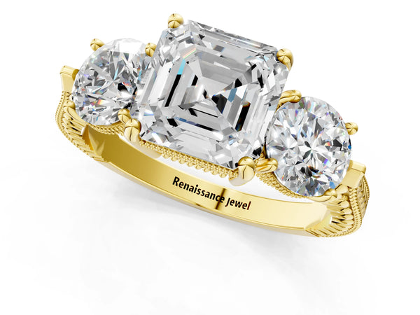 Yellow Gold Asscher Cut Vintage Three Stone Engagement Ring Setting