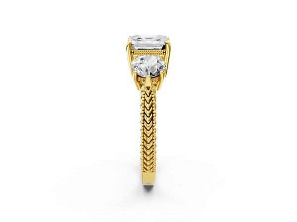 Yellow Gold Asscher Cut Vintage Three Stone Engagement Ring Setting
