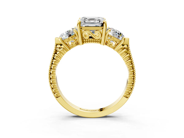 Yellow Gold Asscher Cut Vintage Three Stone Engagement Ring Setting