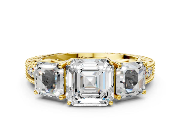 Yellow Gold Asscher Cut Vintage Three Stone Engagement Ring Setting with Milgrain Pave Band