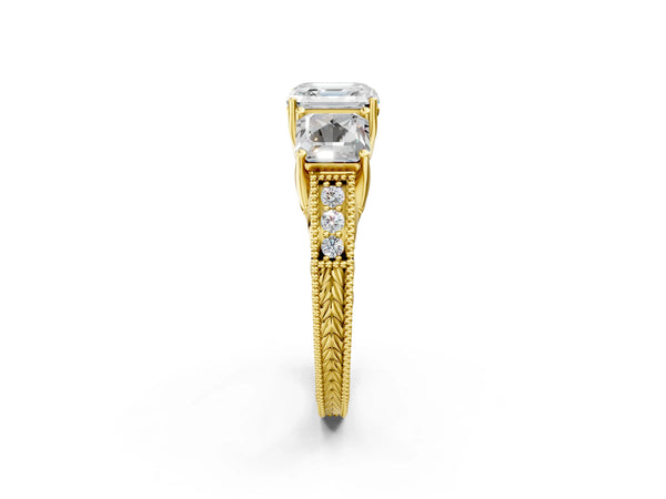 Yellow Gold Asscher Cut Vintage Three Stone Engagement Ring Setting with Milgrain Pave Band