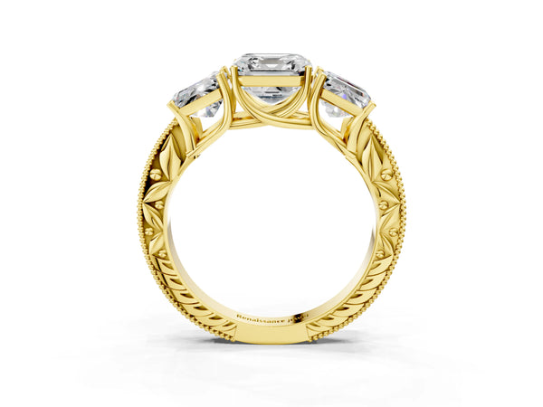 Yellow Gold Asscher Cut Vintage Three Stone Engagement Ring Setting with Milgrain Pave Band