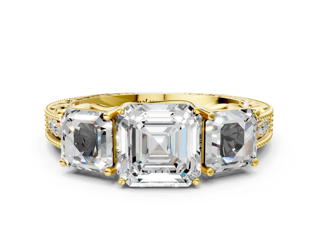 Yellow gold Three-Stone Asscher Cut Cut Milgrain Pavé Engagement Ring_3