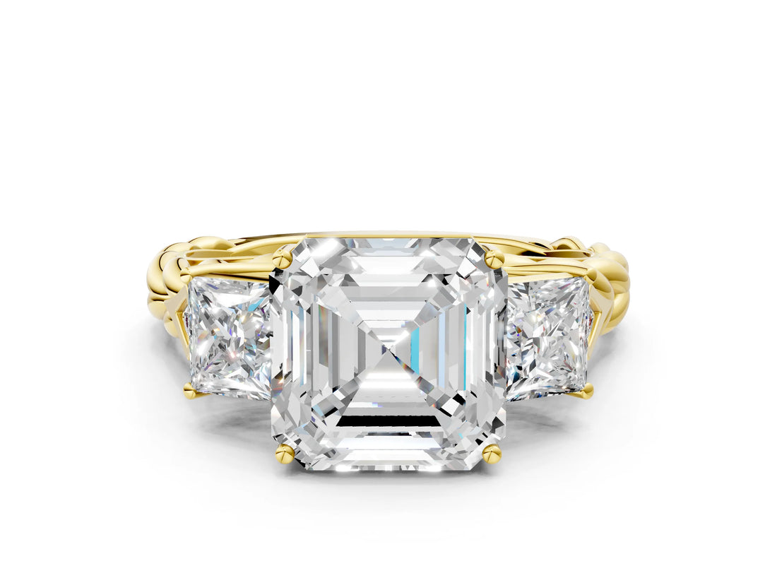 Yellow gold Three-Stone Asscher Cut Diamond Braided Band Ring with Four-Prong Setting_58