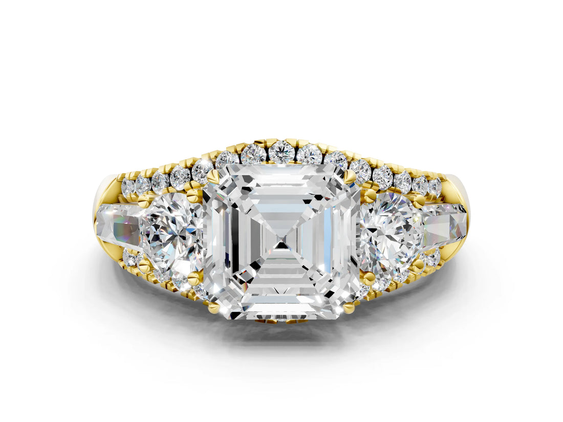 Yellow gold Three-Stone Asscher Cut Diamond Engagement Ring with Pave Band and Prong Setting_14