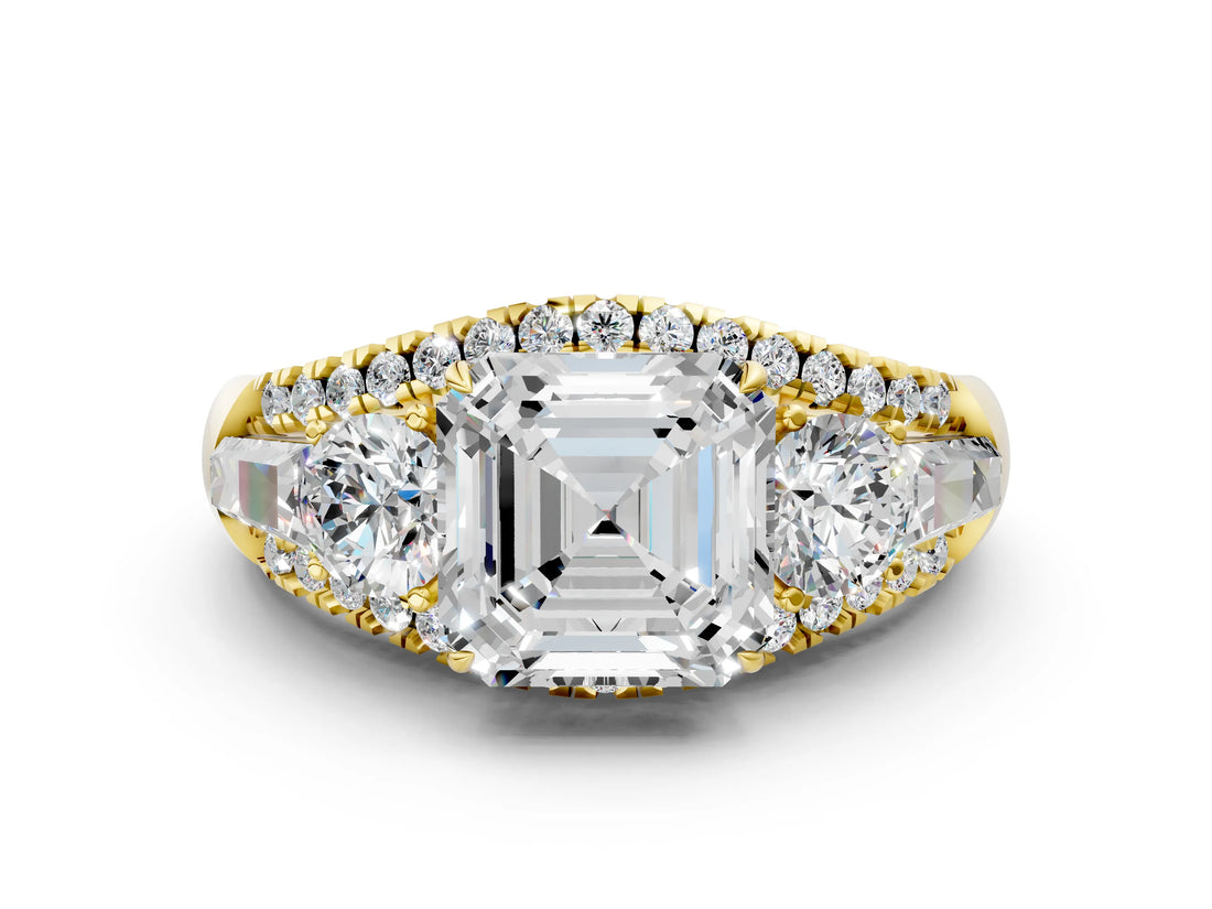 Yellow gold Three-Stone Asscher Cut Diamond Engagement Ring with Pave Band and Prong Setting_2