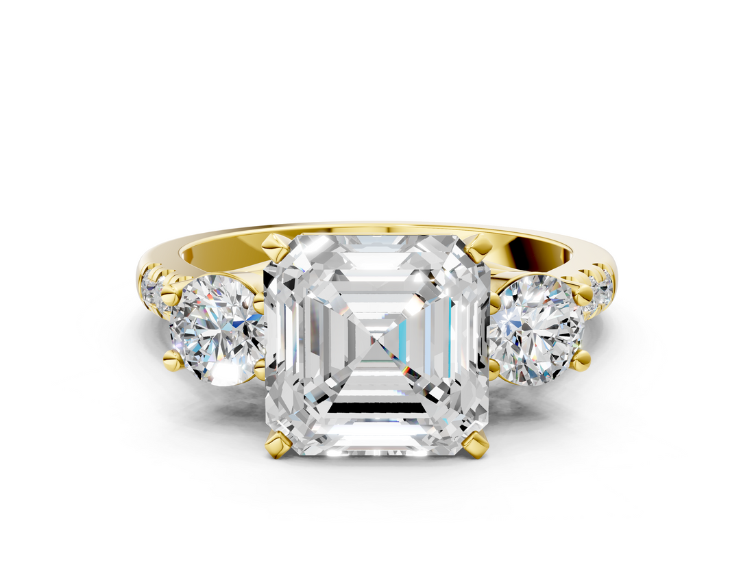 Yellow gold Three-Stone Asscher Cut Diamond Pavé Band with Four-Prong Setting_7