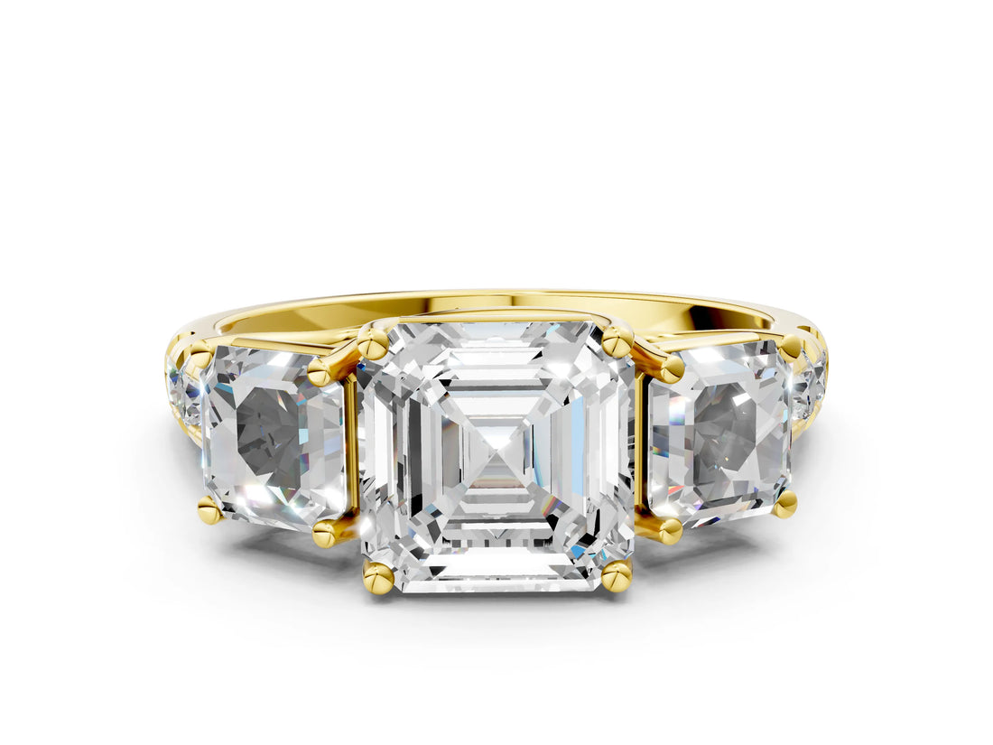 Yellow gold Three-Stone Asscher Cut Diamond Pavé Band with Prong Setting_3