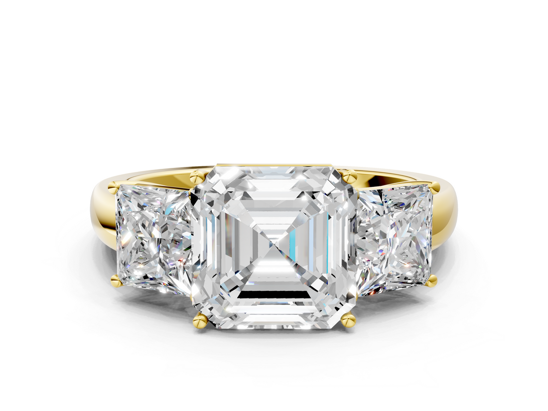 Yellow gold Three-Stone Asscher Cut Diamond Ring with Channel-Set Band and Four-Prong Setting_40
