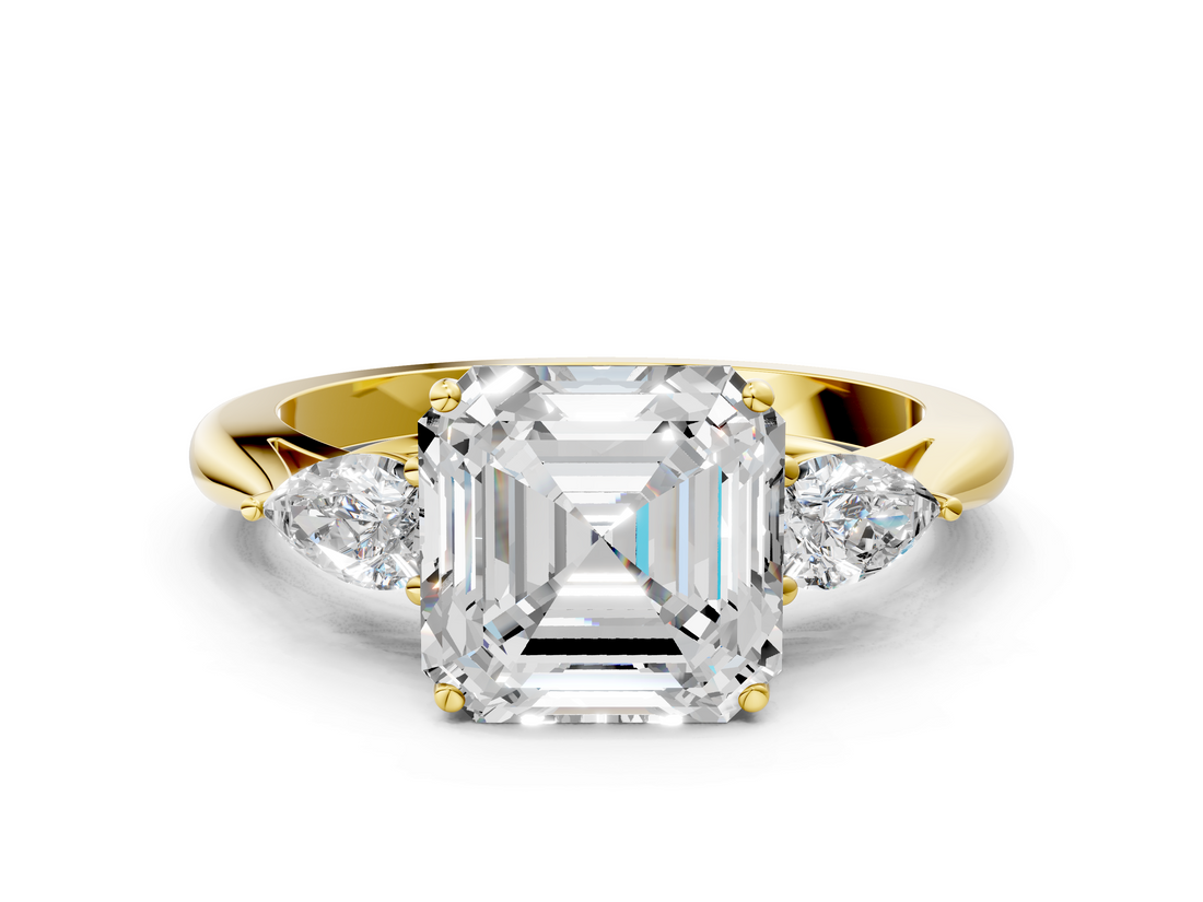 Yellow gold Three-Stone Asscher Cut Diamond Ring with Pear Side Stones in Four-Prong Setting_24