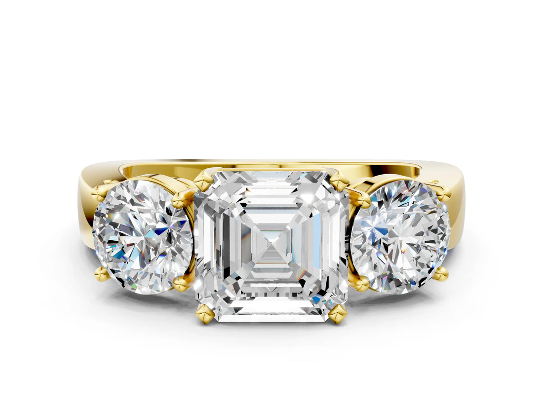 Yellow gold Three-Stone Asscher Cut Diamond Ring with Round Side Stones, Classic Band, and Four-Prong Setting_7