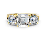 Yellow gold Three-Stone Asscher Cut Diamond Ring with Round Side Stones, Classic Band, and Four-Prong Setting_7