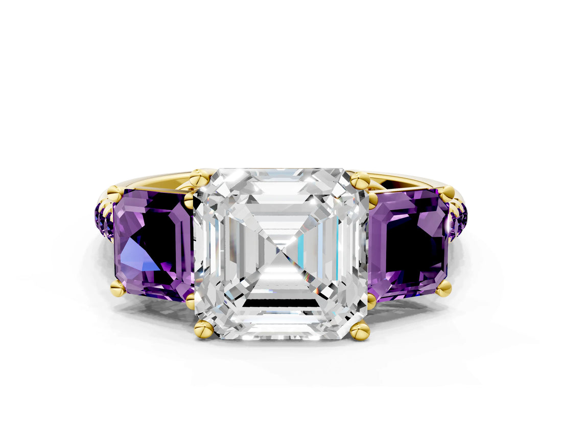 Yellow gold Three-Stone Asscher Cut Diamond Ring with Round with Amethyst side stone Pavé Band and Prong Setting
