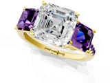 Yellow gold Three-Stone Asscher Cut Diamond Ring with Round with Amethyst side stone Pavé Band and Prong Setting_1