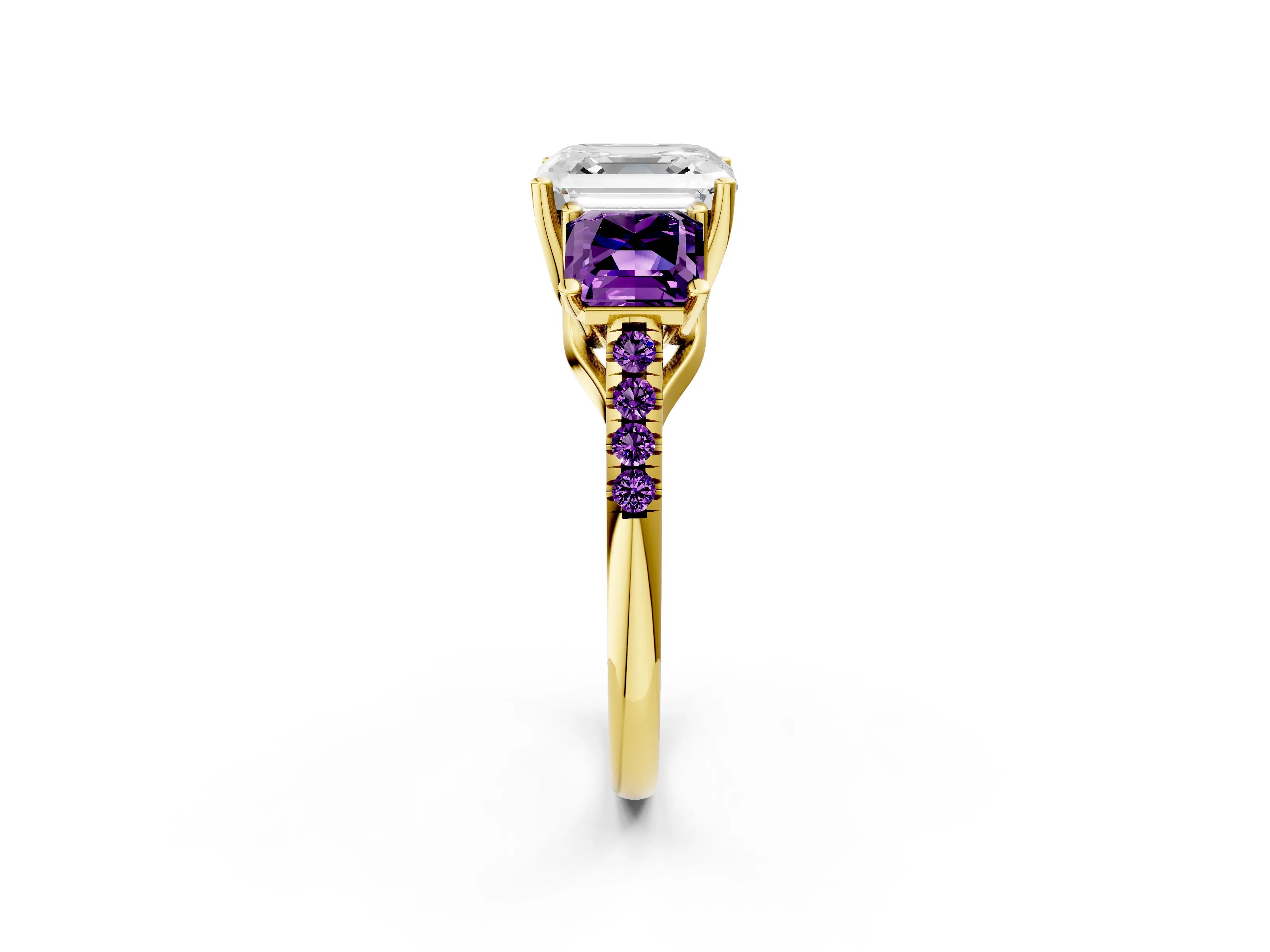 Yellow gold Three-Stone Asscher Cut Diamond Ring with Round with Amethyst side stone Pavé Band and Prong Setting_2