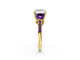 Yellow gold Three-Stone Asscher Cut Diamond Ring with Round with Amethyst side stone Pavé Band and Prong Setting_2