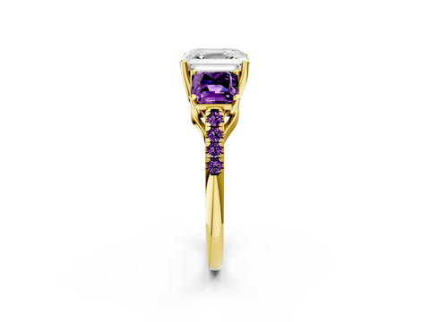 Yellow gold Three-Stone Asscher Cut Diamond Ring with Round with Amethyst side stone Pavé Band and Prong Setting_2