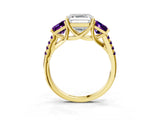 Yellow gold Three-Stone Asscher Cut Diamond Ring with Round with Amethyst side stone Pavé Band and Prong Setting_3