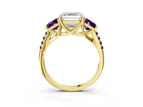 Yellow gold Three-Stone Asscher Cut Diamond Ring with Round with Amethyst side stone Pavé Band and Prong Setting_3