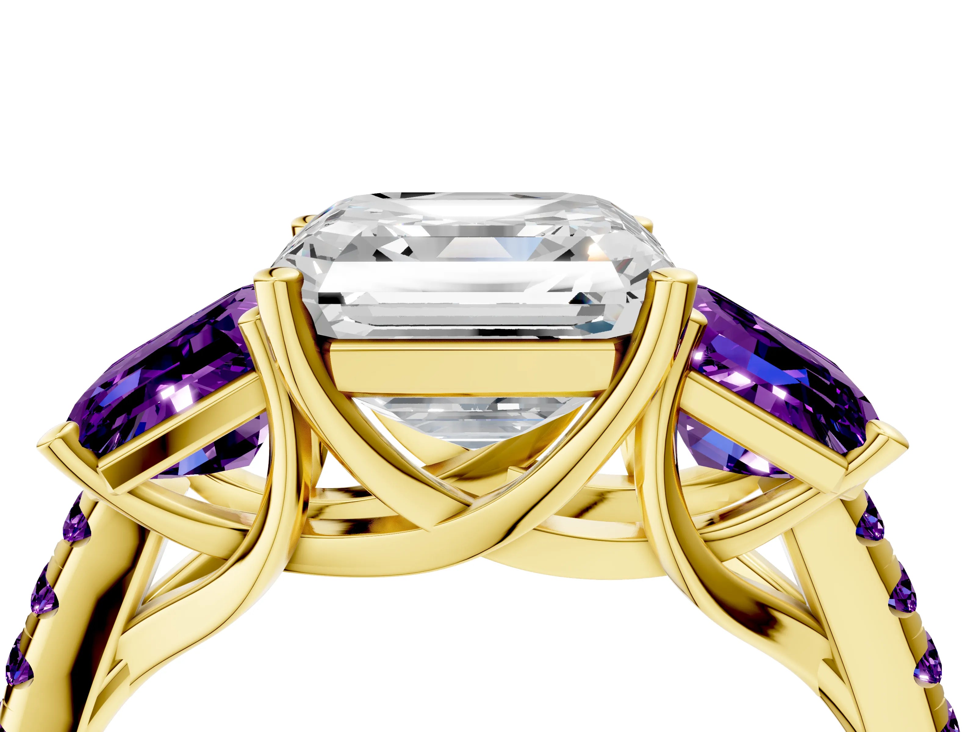 Yellow gold Three-Stone Asscher Cut Diamond Ring with Round with Amethyst side stone Pavé Band and Prong Setting_4
