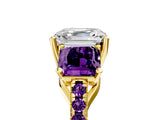 Yellow gold Three-Stone Asscher Cut Diamond Ring with Round with Amethyst side stone Pavé Band and Prong Setting_5