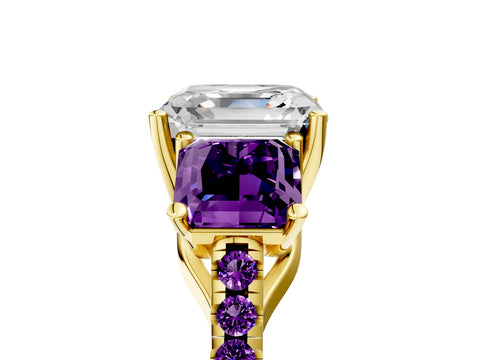 Yellow gold Three-Stone Asscher Cut Diamond Ring with Round with Amethyst side stone Pavé Band and Prong Setting_5