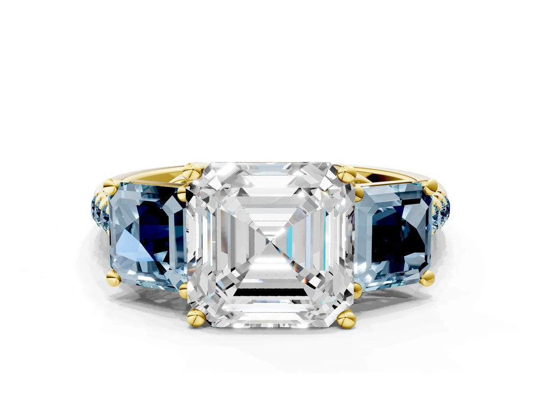 Yellow gold Three-Stone Asscher Cut Diamond Ring with Round with Aquamarine side stone Pavé Band and Prong Setting