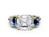 Yellow gold Three-Stone Asscher Cut Diamond Ring with Round with Aquamarine side stone Pavé Band and Prong Setting