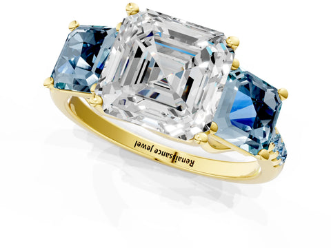 Yellow gold Three-Stone Asscher Cut Diamond Ring with Round with Aquamarine side stone Pavé Band and Prong Setting_1