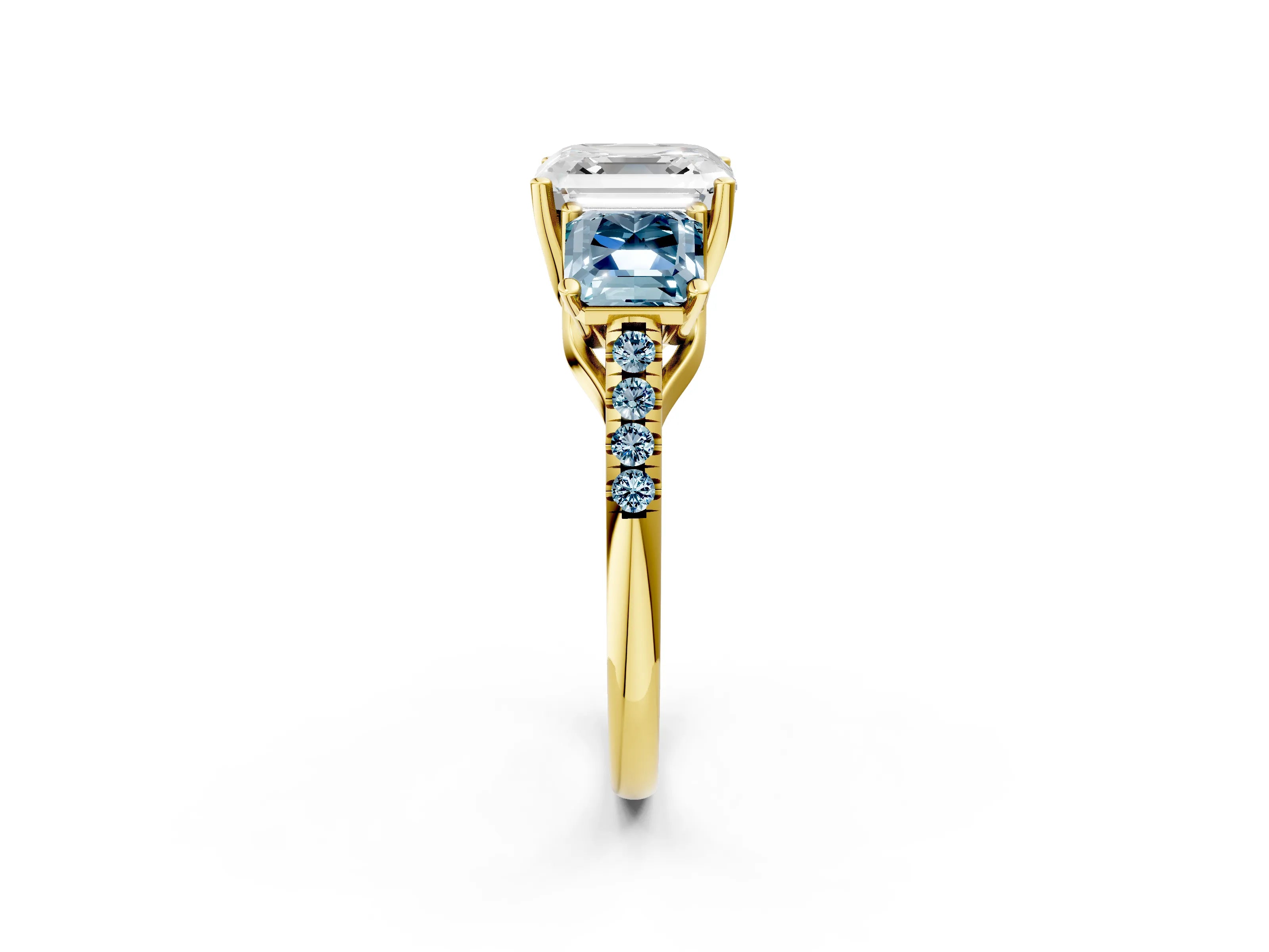Yellow gold Three-Stone Asscher Cut Diamond Ring with Round with Aquamarine side stone Pavé Band and Prong Setting_2