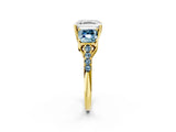Yellow gold Three-Stone Asscher Cut Diamond Ring with Round with Aquamarine side stone Pavé Band and Prong Setting_2