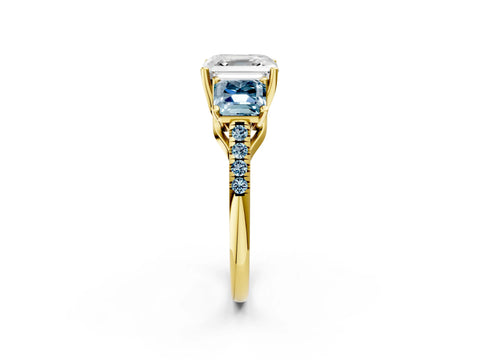 Yellow gold Three-Stone Asscher Cut Diamond Ring with Round with Aquamarine side stone Pavé Band and Prong Setting_2