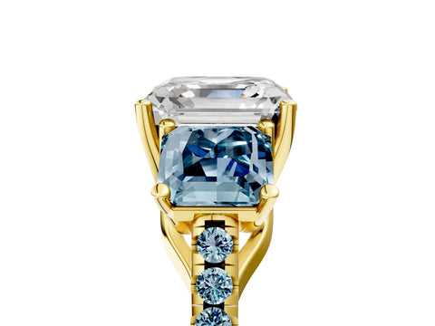 Yellow gold Three-Stone Asscher Cut Diamond Ring with Round with Aquamarine side stone Pavé Band and Prong Setting_5