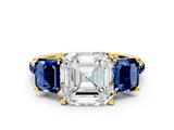 Yellow gold Three-Stone Asscher Cut Diamond Ring with Round with Blue Sapphire side stone Pavé Band and Prong Setting