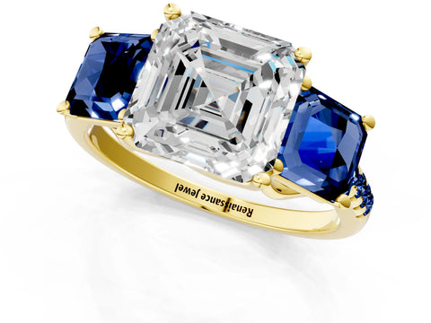 Yellow gold Three-Stone Asscher Cut Diamond Ring with Round with Blue Sapphire side stone Pavé Band and Prong Setting_1