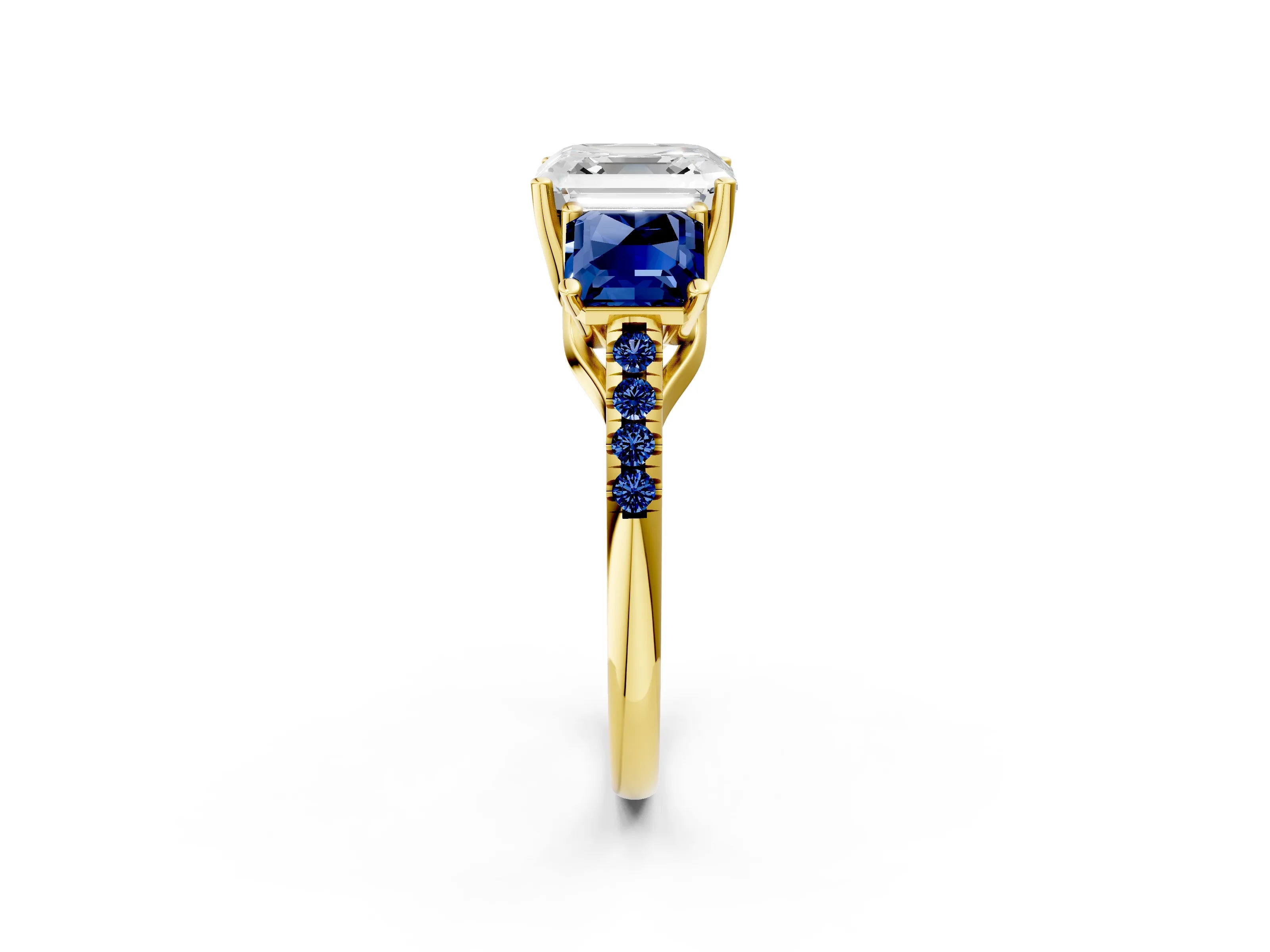 Yellow gold Three-Stone Asscher Cut Diamond Ring with Round with Blue Sapphire side stone Pavé Band and Prong Setting_2