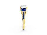 Yellow gold Three-Stone Asscher Cut Diamond Ring with Round with Blue Sapphire side stone Pavé Band and Prong Setting_2
