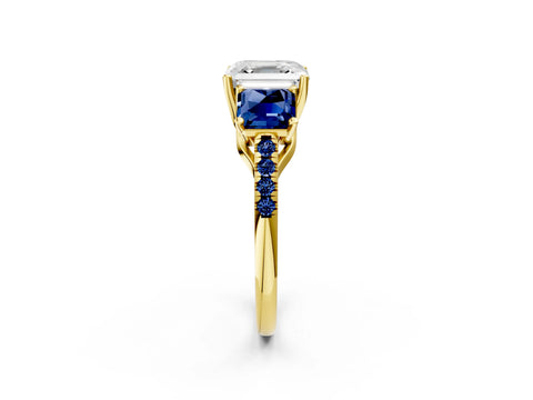 Yellow gold Three-Stone Asscher Cut Diamond Ring with Round with Blue Sapphire side stone Pavé Band and Prong Setting_2