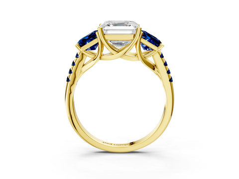 Yellow gold Three-Stone Asscher Cut Diamond Ring with Round with Blue Sapphire side stone Pavé Band and Prong Setting_3