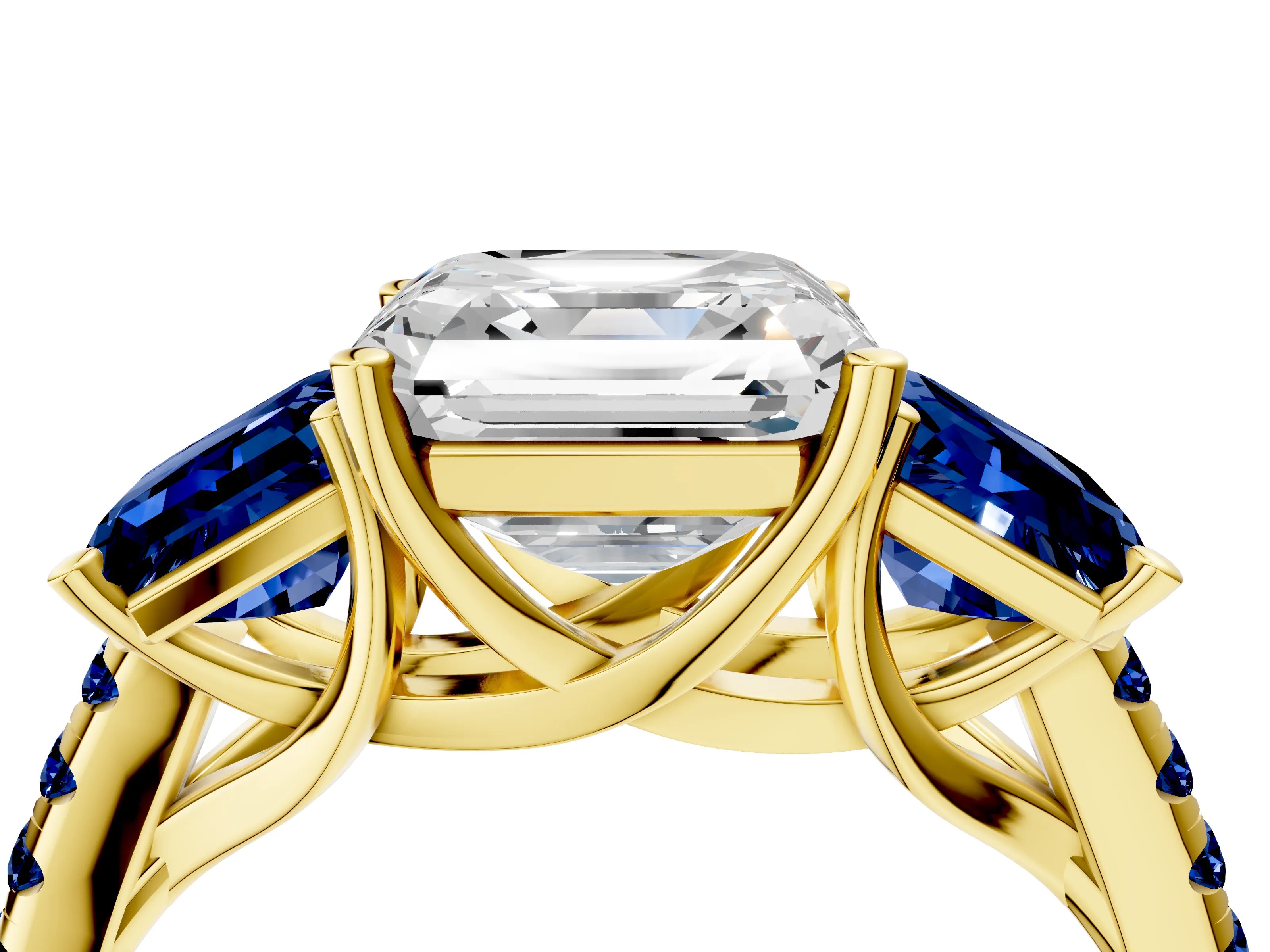 Yellow gold Three-Stone Asscher Cut Diamond Ring with Round with Blue Sapphire side stone Pavé Band and Prong Setting_4