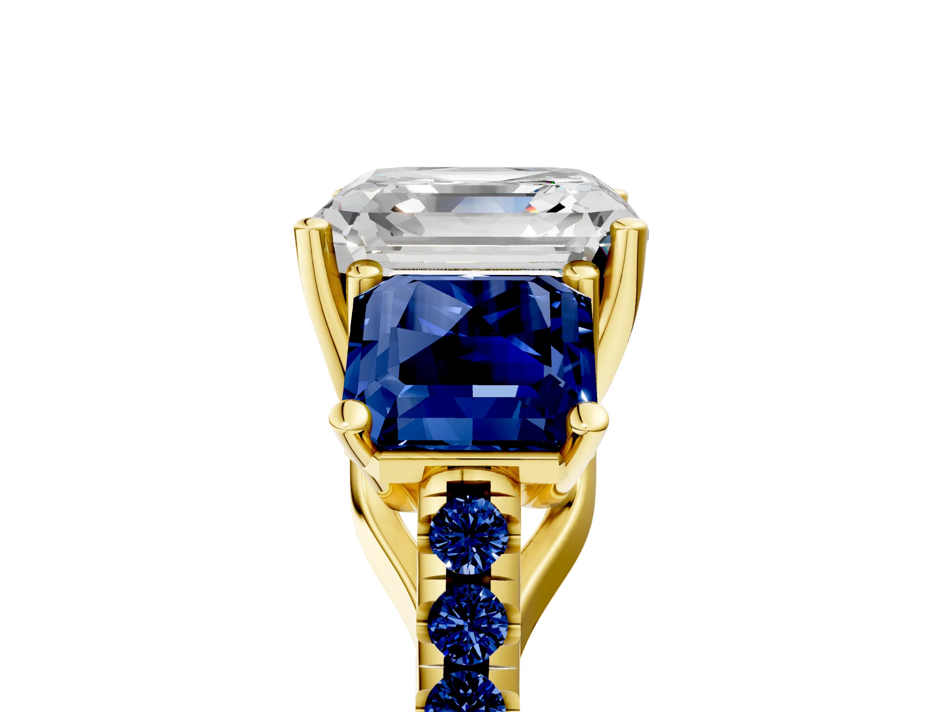 Yellow gold Three-Stone Asscher Cut Diamond Ring with Round with Blue Sapphire side stone Pavé Band and Prong Setting_5