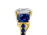 Yellow gold Three-Stone Asscher Cut Diamond Ring with Round with Blue Sapphire side stone Pavé Band and Prong Setting_5