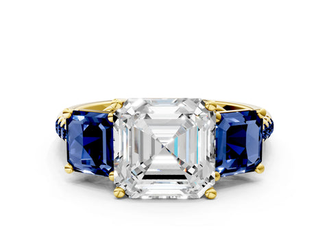 Yellow gold Three-Stone Asscher Cut Diamond Ring with Round with Blue Sapphire side stone Pavé Band and Prong Setting