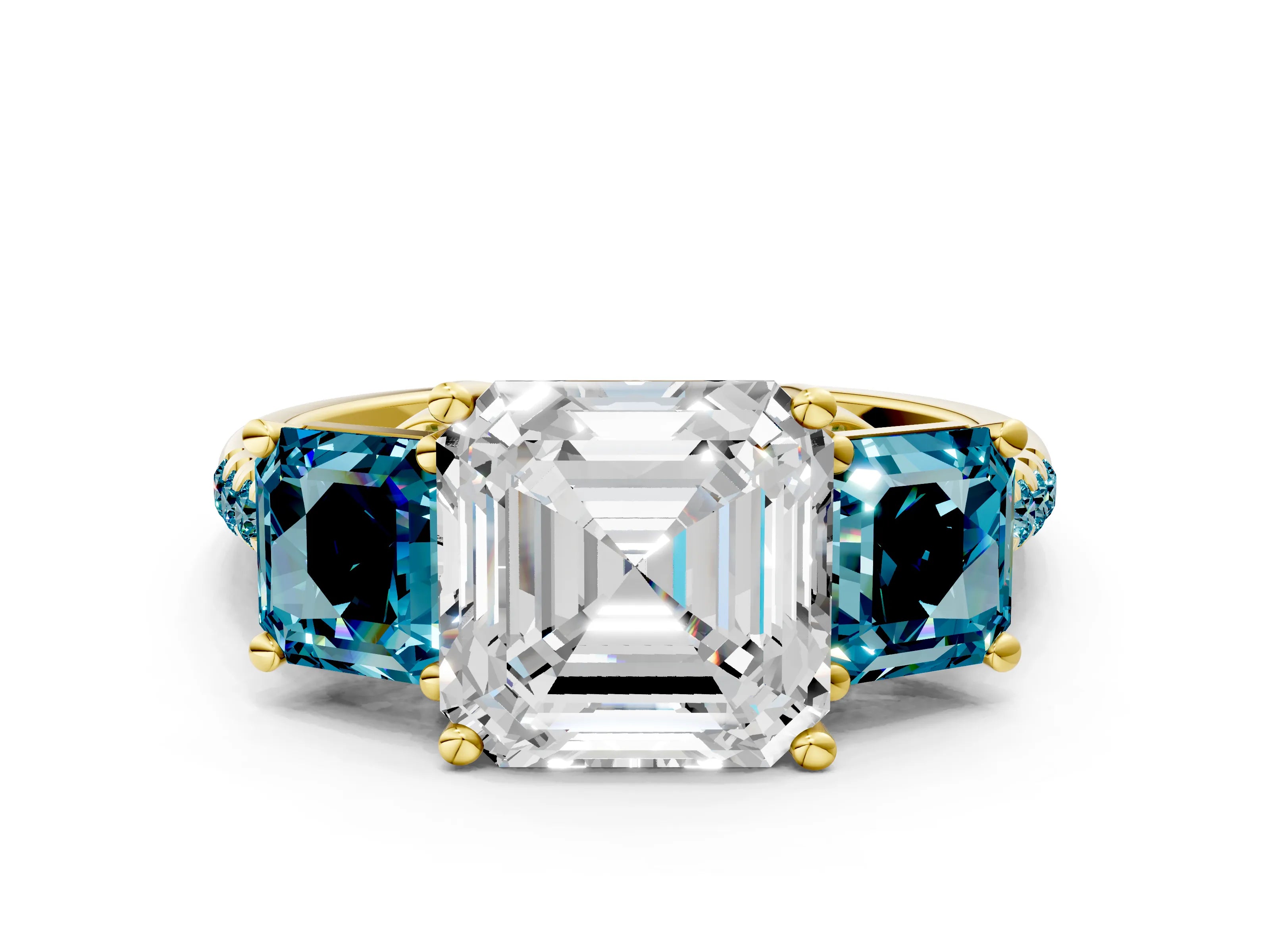 Yellow gold Three-Stone Asscher Cut Diamond Ring with Round with Blue Topaz side stone Pavé Band and Prong Setting