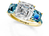 Yellow gold Three-Stone Asscher Cut Diamond Ring with Round with Blue Topaz side stone Pavé Band and Prong Setting_1